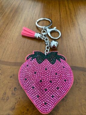 Pink Crystal Strawberry Tassel Key & Card Holder - Women Accessories